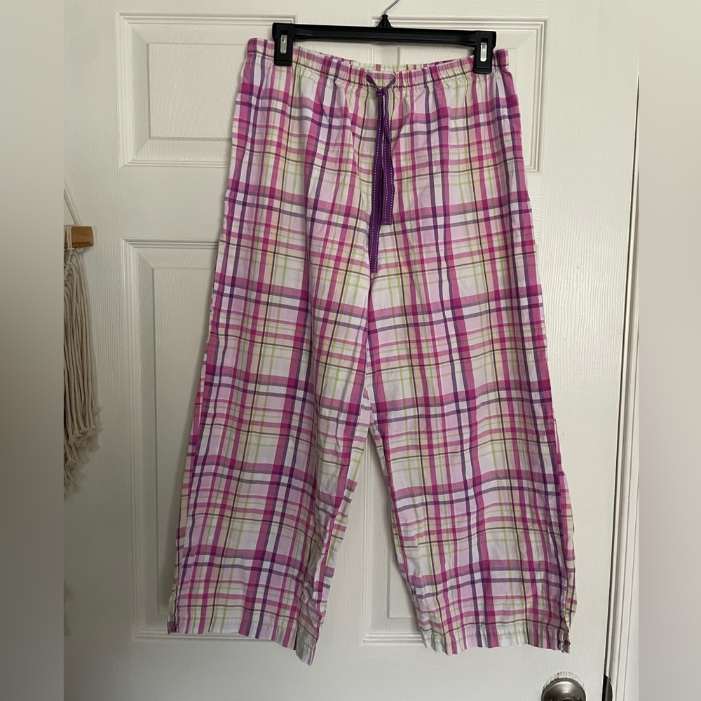 Charter Club Intimates Size M Pink Plaid Pajama Pants w Lime Accents 100% Cotton
